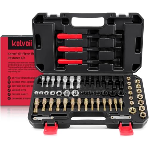 Kolvoii 61-Piece Thread Restorer Kit, Metric & SAE Thread Chaser Set with Taps, Dies, Files & Pitch Gauges – UNC, UNF, Metric Rethread Damaged Threads on Bolts, Nuts & Holes - size: 61 PCS Metric & SAE