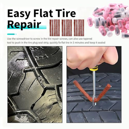 Flat Tire Repair Kit Heavy Duty,All-in-One Tire Plug Kit Includes 60PCS Screw,15PCS Tires Plugs Seal Strip,Screwdriver,Drill,Screw in Tires Plugs Car Emergency Kits for Puncture