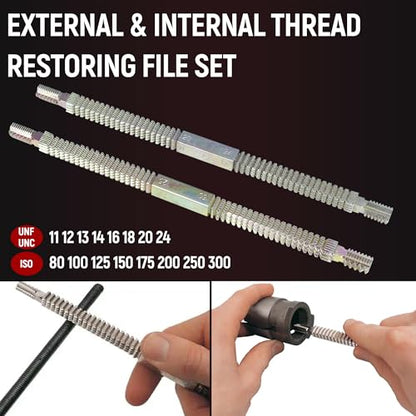 Universal Outside Thread Chaser Repair Tool for 1” to 5-1/4” O.D. (25~135mm) with Standard Thread 6pcs Dies Set,2pcs External & INTERNALTHREAD Restoring File Set,3pcs Die Nut. - style: tool with 6 die,2 thread files,3 die nut