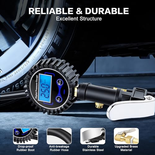 Digital Tire Pressure Gauge with Inflator 250 PSI | Heavy Duty Air Chuck & Compressor Accessories with Quick Connect Coupler and Rubber Hose for Cars, Inflatables