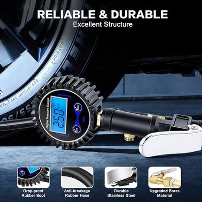 Digital Tire Pressure Gauge with Inflator 250 PSI | Heavy Duty Air Chuck & Compressor Accessories with Quick Connect Coupler and Rubber Hose for Cars, Inflatables