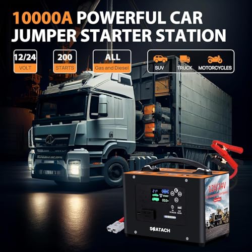 10000A Car Jump Starter, 24V 155WH Car Battery Jumper Starter for All Gas & All Diesel Engines, Heavy Duty Jump Starters Power Station Truck Jump Starter for Camping - color: coal black‌
