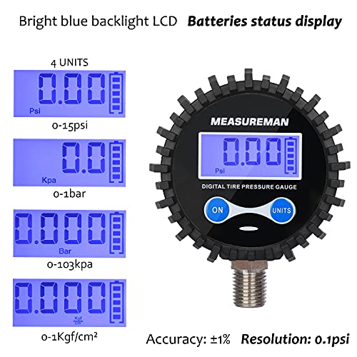 MEASUREMAN 2-1/2" Dial Size Digital Air Pressure Gauge with 1/4'' NPT Bottom Connector and Protective Boot, 0-15psi, Accuracy 1%, Battery Powered - size: Long thread, style: 0-15psi
