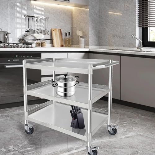 3-Shelf Stainless Steel Rolling Utility Cart - Heavy-Duty Metal Mobile Storage with Handle & Locking Wheels - Ideal for Kitchen, Medical, Lab, Restaurant & Home Use (16''x24''x34'') - size: 16''x24''x34''