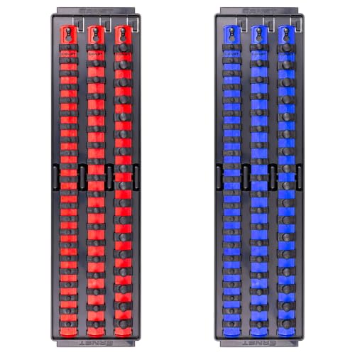 Ernst Manufacturing 2 Pack of Socket Boss with 18" Rails, 1 Red & 1 Blue for Complete Multiple Drive Size Socket Organization, Holds 114 Sockets - Made in USA (Patented)