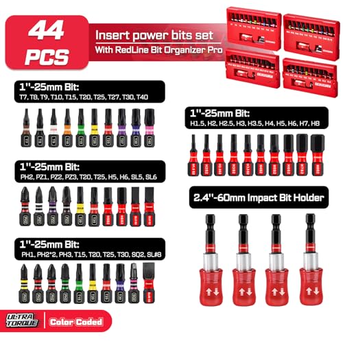 Geinxurn 44Pieces Impact Screwdriver Bits Set, Magnetic S2 Steel 1” Phillips/Square/Torx/Slotted/Pozi/Hex Insert Bits Tips,Impact Bit Holder with Rotating Storage Box Case - style: 44pcs-A
