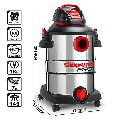 Shop-Vac 12 Gallon 6.0 Peak HP Wet/Dry Vacuum, Stainless Steel Tank, 3 in 1 Function Portable Shop Vacuum with Attachments, Drain Port, Ideal for Jobsite, Garage & Workshop. 5926211 - size: 12 Gallon