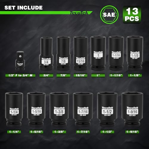 TecoTek 3/4" Drive Deep 6-Point Impact Socket Set, 13-Piece Jumbo Assortment, Cr-Mo, SAE (3/4" to 1-9/16"), 1/2" F to 3/4" M Impact Socket Adapter, for Large Vehicle and Apparatus Maintenance - size: 13-Piece (3/4" to 1-9/16")