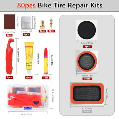 80pcs Bike Tire Repair Kit, Self-Adhesive Bike Tire Patch Kit | Bike Tool Kit With Portable Storage Box and Valve Converter, Bike Repair Kit for Mountain Bikes, Commuter Bikes, Motorcycles