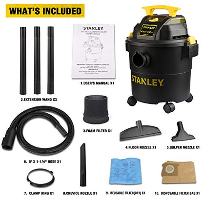 STANLEY Shop Vac SL18115P, 5 Gallon Peak 4 Horsepower Wet Dry Vacuums, Blower 3 in 1 Functions 15 Feet Cleaning Range for Garage, Carpet Clean, Shop Cleaning, Car Detailing with Attachments - size: 5 Gallon, 4.0 HP AC