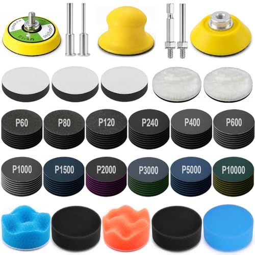 137PCS 2 Inch Sanding & Polishing Kit, Hook and Loop Backing Pads for Drill | 60-10000 Grit Wet Dry Sandpapers, Sanding Pads for Headlight Restoration, Detail Polishing for Car Wood Metal Resin Jewelry - size: 2 Inch
