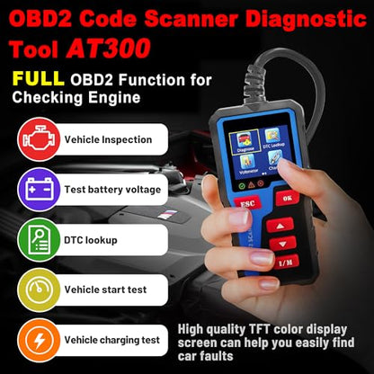 AT300 Car Code Reader, OBD2 Car Code Scanner Check Engine Light Fault Code Reader Scanner CAN Diagnostic Tool for All OBDII Protocol Cars,Cranking Test - color: AT300