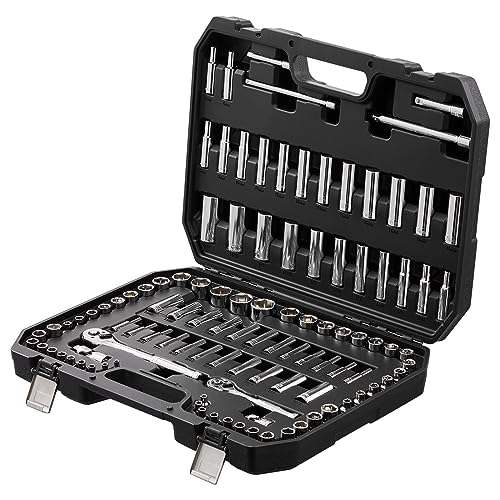 VEVOR Socket Set, 1/4" and 3/8" Drive Socket and Ratchet Set, 6-Point Socket Opening, 106 Pcs Tool Set SAE and Metric, Deep and Standard Sockets, 5/32-1 in, 5-19 mm, with Accessories, Storage Case - size: 1/4"&3/8", style: 106 PCS