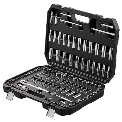 VEVOR Socket Set, 1/4" and 3/8" Drive Socket and Ratchet Set, 6-Point Socket Opening, 106 Pcs Tool Set SAE and Metric, Deep and Standard Sockets, 5/32-1 in, 5-19 mm, with Accessories, Storage Case - size: 1/4"&3/8", style: 106 PCS