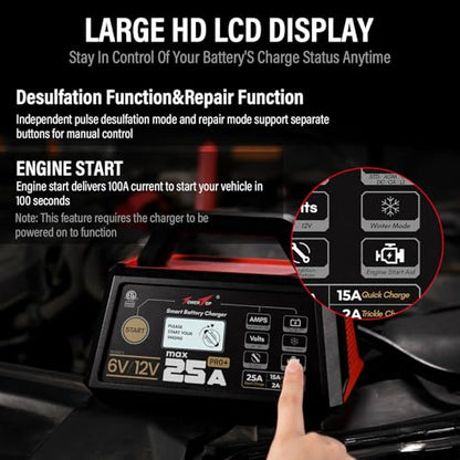 TowerTop 25A Pro+ Battery Charger, 6V/12V Car Battery Charger Fully Automatic Smart Battery Maintainer with Engine Start, Auto Desulfator, Battery Repair, for All Lead-Acid, AGM and LiFePO4 Batteries