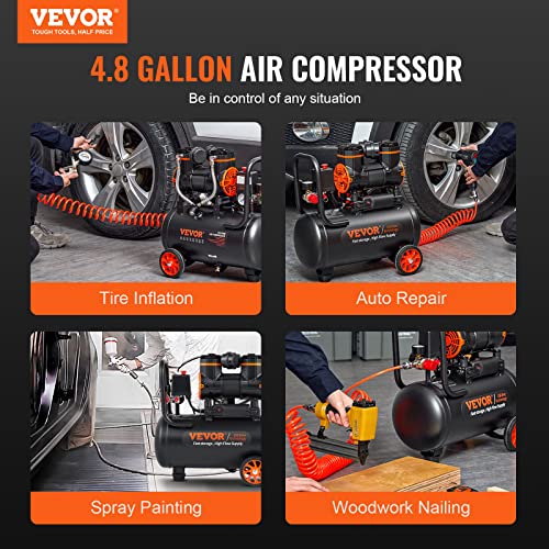 VEVOR 4.8 Gallon Air Compressor, 1.2HP 2.2 CFM@90PSI Oil Free Air Compressor Tank & Max. 116PSI Pressure, 70 dB Ultra Quiet Compressor for Auto Repair, Tire Inflation, Spray Painting, Woodwork Nailing - size: 4.8 Gallon