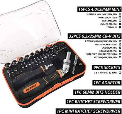 TOOLMAK 61pcs Ratcheting Screwdriver, Socket & Precision Bit Set | Cr-V Steel, Rotatable Handle, Storage Case Included, Ideal for Bike, Watch & Glasses Repair - style: 61pcs Ratchet Screwdriver