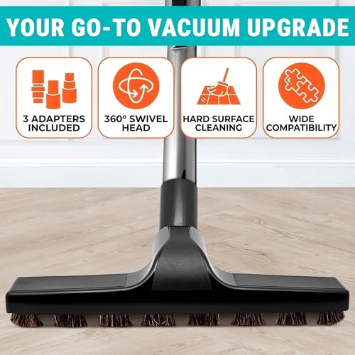 Universal Vacuum Attachments, Horsehair Brush, 1.25" Fit, 360 Swivel | Vacuum Brush Attachment, Soft Bristles, 3 Hose Adapters 1.25" to 1.37", Swivel Head; for Wood, Tile, and Smooth Surfaces
