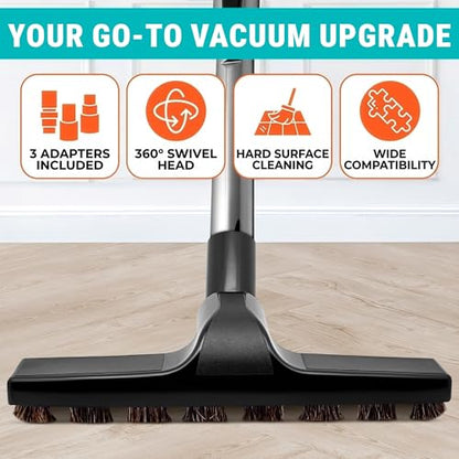 Universal Vacuum Attachments, Horsehair Brush, 1.25" Fit, 360 Swivel | Vacuum Brush Attachment, Soft Bristles, 3 Hose Adapters 1.25" to 1.37", Swivel Head; for Wood, Tile, and Smooth Surfaces
