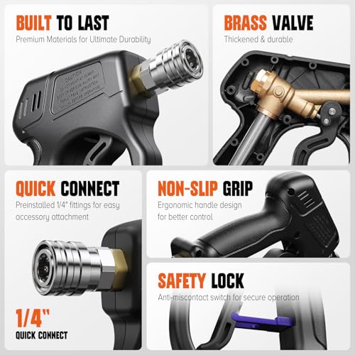 Short Pressure Washer Gun, 4000 PIS Power Washer Gun Car Washing | Stubby High Pressure Washer Gun, M22-14mm, 3/8" Male Plug, 1/4" Quick Connect, 5 Spray Nozzle, Car Wash Gun for Foam Cannon - color: Black-Fixed Inlet