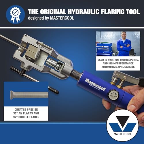 Mastercool 72480 Hydraulic an Flaring Tool Kit – 37° & 37° Double Flares for an Fittings, Aviation & Specialty Automotive – Works with Steel & Light Stainless Tubing – Includes Hydraulic Ram & Dies