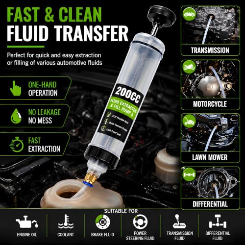 200CC Fluid Extractor Pump, Oil Extractor Pump with 2 Flexible Hoses, Manual Fluid Transfer Pump for Transmission Fluid, Brake Fluid, Coolant, Differential, Gear Oil, Automotive Fluid Extractor