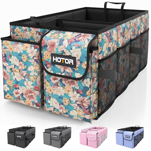 HOTOR Trunk Organizer - Foldable Car Organizer for SUVs & Sedans Storage | Sturdy Car Organization for Men & Women, Car Accessories Tools, Sundries, Blue Flower, 2 Compartments, 21.3" x 12.6" x 10.6" - color: Blue Flower, size: Medium (2 Compartments)