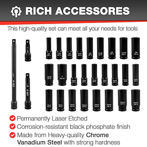 EACELIY 29pcs 1/2" Socket Set, Drive Deep Impact Socket Set, Including 3 ", 5", 10" Impact Extension Bar, Standard SAE (3/8 "- 1") and Metric (10mm-24mm), Cr-V Steel - size: 1/2" Deep Sockets (10-24mm, 3/8 "- 1")