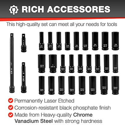 EACELIY 29pcs 1/2" Socket Set, Drive Deep Impact Socket Set, Including 3 ", 5", 10" Impact Extension Bar, Standard SAE (3/8 "- 1") and Metric (10mm-24mm), Cr-V Steel - size: 1/2" Deep Sockets (10-24mm, 3/8 "- 1")