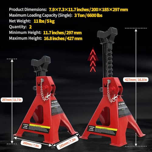 3 Ton Jack Stands, 1 Pair Heavy Duty Steel Car Jack Stands with Double Locking Pins, Adjustable Height for Cars, SUVs, Sedans and Vehicle Repair Maintenance(Red)