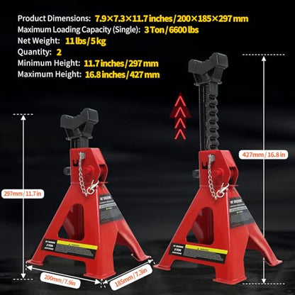 3 Ton Jack Stands, 1 Pair Heavy Duty Steel Car Jack Stands with Double Locking Pins, Adjustable Height for Cars, SUVs, Sedans and Vehicle Repair Maintenance(Red)