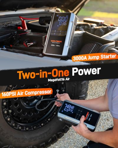 WOLFBOX MV16A 3000A Jump Starter with Air Compressor, 59.2Wh&160PSI Portable Car Battery Jump Starter with 65W Fast Charging, 12V Battery Pack (8L Gas 6L Diesel) with Boost, Light and Jumper Cables - size: 3000A