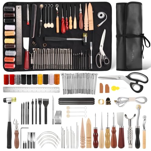 Nicpro 85PCS Leather Tooling Kit Leather Working Tools Kit with Custom Storage Bag, Adults Leather Making Craft Tools Beginner Kit for Stamping Sewing Carving Cutting Punching Leather Working - size: 85PCS