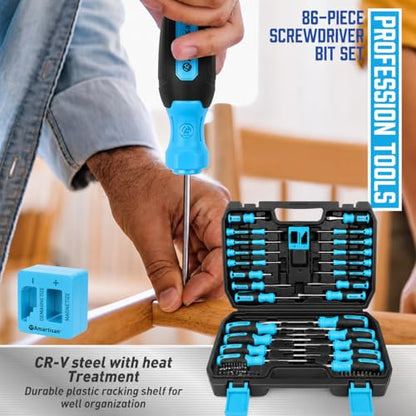 Amartisan 86-Piece Magnetic Screwdrivers Set with Case, Includs Slotted, Phillips, Hex, Pozidriv,Torx and Precision Screwdriver Set, Magnetizer Demagnetizer Tools, Tools for Men(Blue) - style: 86-Piece Screwdrivers Set (Blue)
