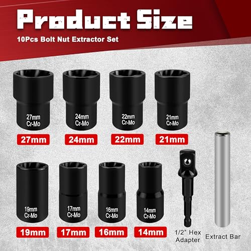 STXDY 10Pcs Bolt Nut Extractor Set, 1/2-Inch Stripped Bolt Extractor Kit, Easy Out Bolt Remover Set for Rusted, Rounded, Damaged Nuts Screws - style: 10Pcs