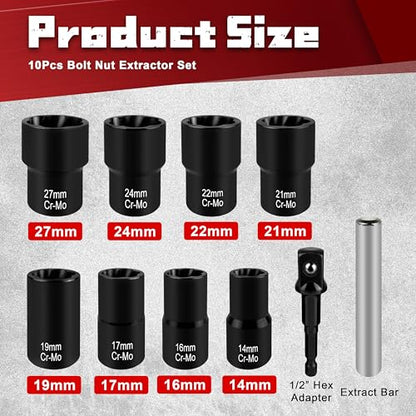 STXDY 10Pcs Bolt Nut Extractor Set, 1/2-Inch Stripped Bolt Extractor Kit, Easy Out Bolt Remover Set for Rusted, Rounded, Damaged Nuts Screws - style: 10Pcs