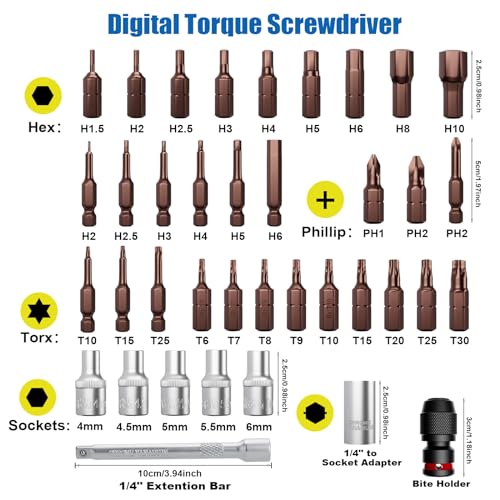 ANPUDS Digital Torque Screwdriver, 0.8-53.1 In-lb (0.09-6 Nm), ±1% Accuracy 1/4" Drive Inch-Pound Torque Screwdriver Set with Buzzer, Vibration & LED Alerts for Bike, Electronics & Precision Repair - size: 0.8-53.1 in-lbs/0.09-6 Nm