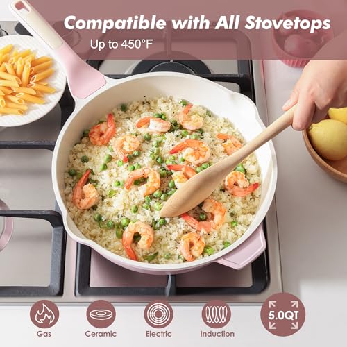 SENSARTE Nonstick Skillet with Lid 12-inch, 5QT Ceramic Deep Frying Pan, Non Toxic Saute Pan with Lid, Healthy Dishwasher Safe Cooking Pot, Induction Pan with Stay-cool Handle, Pink - color: Sakura Pink, size: 12-inch/5QT