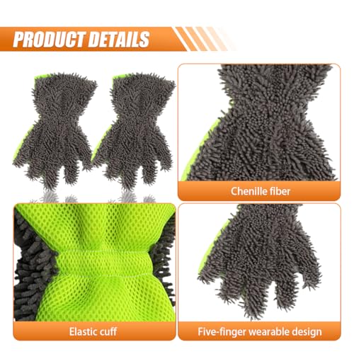 Craedli 2PCS Car Wash Mitts, Anti-Scratch Double Sided 5-Finger Microfiber Car Interior&Exterior Detailing Gloves, Soft Vehicle Chenille Dusting Mitt for Cleaning Wheel Tight Spot (Gray) - color: Gray