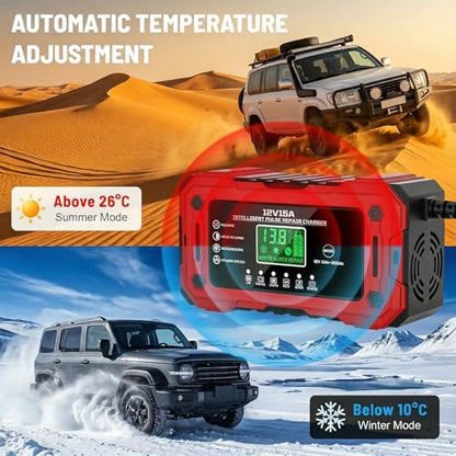 Battery Charger 15A 12V Fully Automatic Smart Trickle Car Battery Charger Maintainer with LCD Display & Temperature Compensation for Car Truck Motorcycle Lawn Mower Boat - color: Red