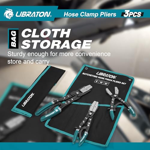 LIBRATON Hose Clamp Pliers, 3PCS Ratchet Hose Pinch Off Pliers, 8" 10" 12" | Automotive Hose Clamp Tool, Ratcheting Hose Pinch Pliers for Fuel, Flexible, Radiator Coolant Hose, with Storage Bag - style: Metal Pilers