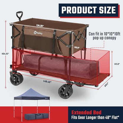 Sekey 500LBS Heavy Duty Double Decker Wagon with Extender, 400L Large Capacity Collapsible Garden Cart Fits 10x10 Canopy, All-Terrain Big Wheels with Brakes, Foldable Utility Wagon for Sports, Camping - color: Khaki