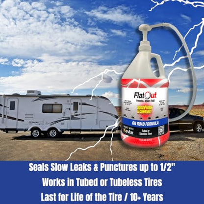 FlatOut QuickStrike On Road Tire Sealant - NEW Formula - Prevents Flat Tires - Seals Leaks - Contains Kevlar - Tubeless Tire Sealant - 1 Gallon + Tool - size: 128 Fl Oz + Tool