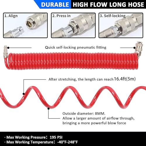 7-Piece Multi-Purpose Air Compressor Accessory Kit, Air Blow Gun and Extendable Air Nozzles, 5 Meter Long PU Air Hose, 100PSI Tire Pressure Gauge with Inflator, 1/4" NPT Air Coupler