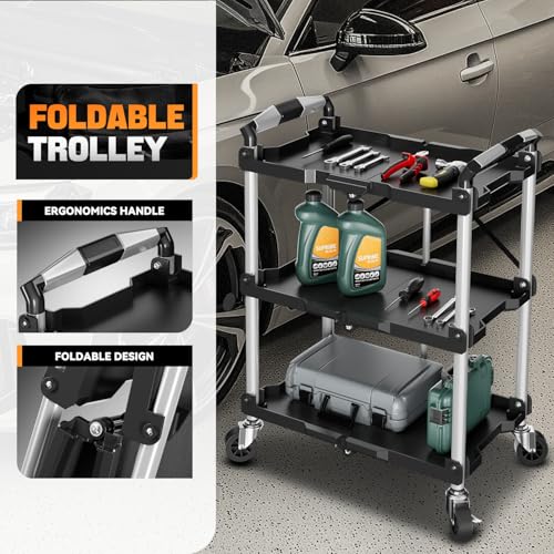 Auto Dynasty 3-Tier Folding Utility Cart with Wheels Lockable, 265LB Heavy Duty Collapsible Service Cart Foldable Rolling Carts for Home, Garage, Warehouses, Restaurants, Workshops - style: Foldable Cart