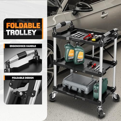 Auto Dynasty 3-Tier Folding Utility Cart with Wheels Lockable, 265LB Heavy Duty Collapsible Service Cart Foldable Rolling Carts for Home, Garage, Warehouses, Restaurants, Workshops - style: Foldable Cart
