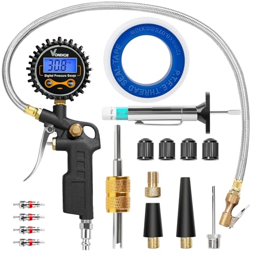 Vondior Digital Tire Pressure Gauge with Inflator, 250 PSI Heavy Duty Air Chuck with Tire Tread Depth Gauge, Stainless Steel Braided Hose with Quick Connect Coupler, Car Accessories - color: Tire Inflator Gauge, size: 3-250PSI