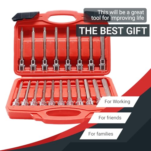 3/8 Inch Drive Extra Long allen hex bit socket set, 19-Piece Standard SAE & Metric Allen socket set, CR-V and S2 Steel (Allen Hex Bit), Automobile repair tools