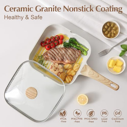 SENSARTE Nonstick Ceramic Grill Pan with Lid, Versatile Square Grilling Pan with Pour Spouts, Durable Grill Skillet for All Stoves(Gas,Electric,Induction) Non Toxic-PTFE,PFAS,PFOA Free, 9.5 Inch - color: White Ceramic, size: 9.5 Inch+Lid