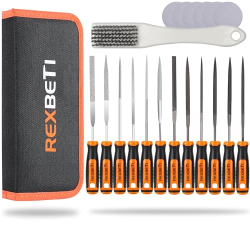 REXBETI 19Pcs Metal Needle File Set, Small Diamond Files, 12Pcs Jewlers Files and Steel Files for Precision Metal and Woodworking with 6Pcs Sandpaper, Metal Brush and Carry Case - style: 13PCS